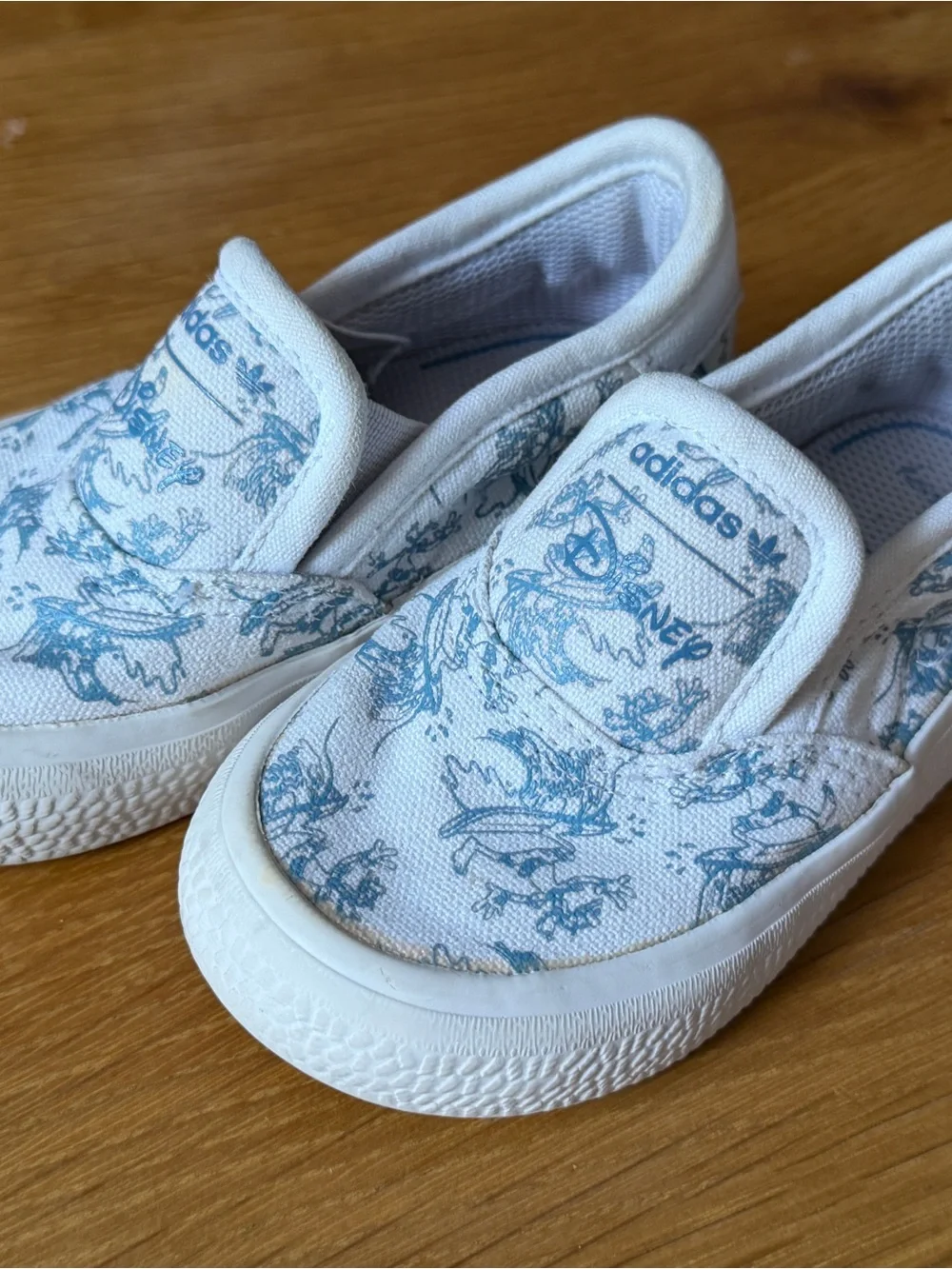 adidas Kids White Slip-On Sneakers with Light Blue Disney Print